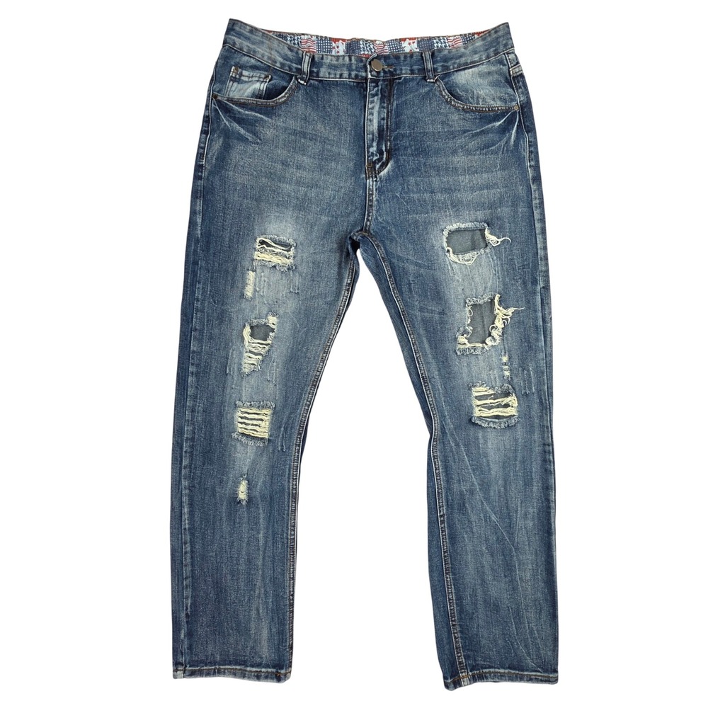 Mens Distressed Ripped Blue Jeans Straight Leg Whiskered Faded Streetwear 36x31
